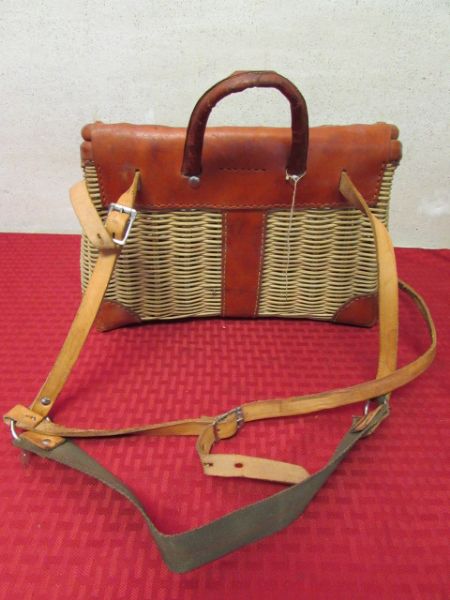 VINTAGE WICKER FISHING KREEL, TACKLE BOX & TROUT BELT BUCKLE