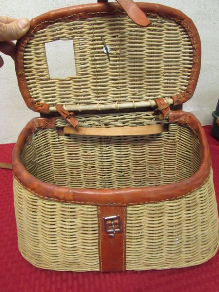 VINTAGE WICKER FISHING KREEL, TACKLE BOX & TROUT BELT BUCKLE