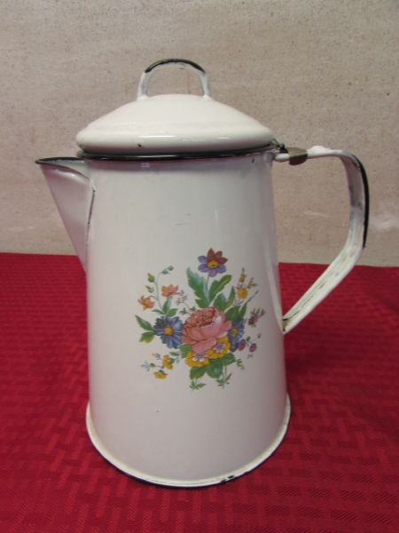 ANTIQUE PORCELAIN ENAMEL COFFEE POT