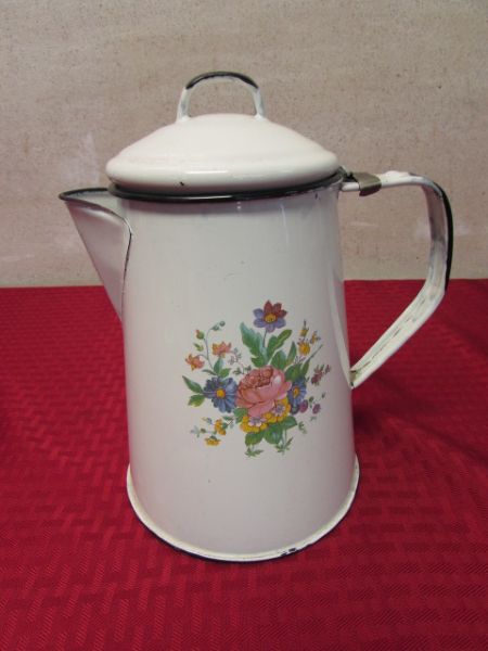 ANTIQUE PORCELAIN ENAMEL COFFEE POT