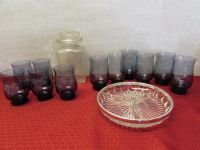 PFLATZGRAFF GLASSWARE, GLASS CANNISTER & SILVER RIMMED RELISH DISH