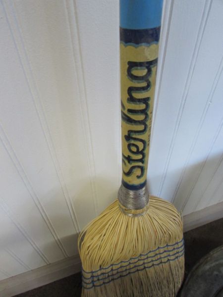 VINTAGE GALVANIZED POULTRY WATERER & FEEDER & STRAW BROOM/CHICKEN HERDER.