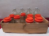 VINTAGE WOODEN FRUIT CRATE WITH  8 TANG CANNISTERS & 4 HALF GALLON JUGS