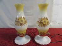 TWO HAND PAINTED MILK GLASS HURRICANE STYLE LAMPS
