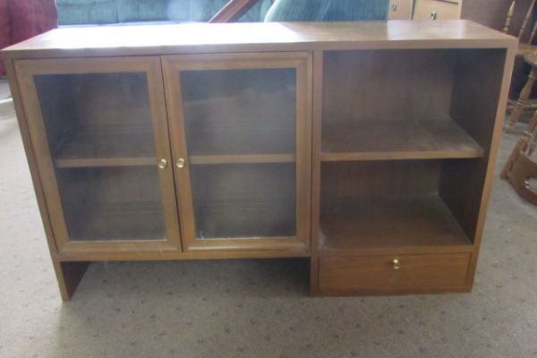 VINTAGE WOOD CABINET WITH GLASS DOORS