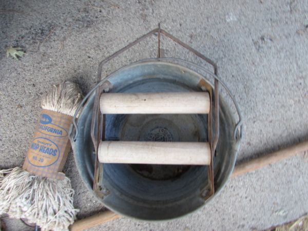 GALVANIZED MOP BUCKET WITH WRINGER, REPLACEMENT MOP HEADS & A VINTAGE HANDLE