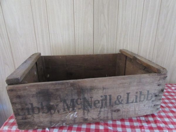 ANTIQUE WOODEN BOX, WITH VINTAGE ENAMEL-WARE, CANNING JARS & MORE