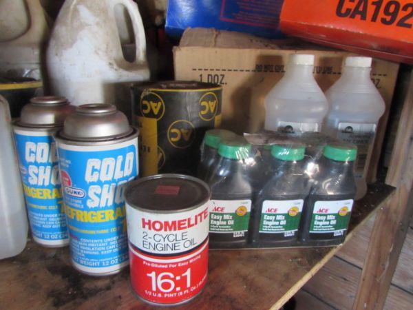 SHELF LOT OF OIL FILTERS, OIL, AIR FILTERS, WINDSHIELD CLEANER & MORE