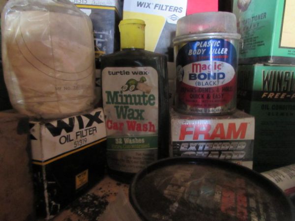 SHELF LOT OF OIL FILTERS, OIL, AIR FILTERS, WINDSHIELD CLEANER & MORE