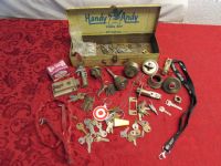 VINTAGE HANDY ANDY BOX WITH DOZENS OF OLD KEYS & LOCK ACCESSORIES