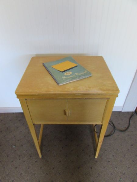 VINTAGE WHITE SEWING MACHINE IN CABINET