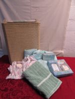 VINTAGE HAMPER, NIGHT GOWN & HOUSE COAT, JEWEL CASE, NEVER USED BATH TOWEL & OLAY GIFT SET