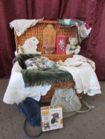 A WICKER CHEST FULL OF TREASURES! VINTAGE TABLE LINENS, CHENILLE THROW, HAND BAGS & MORE