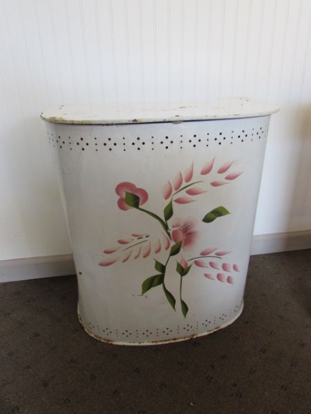 VINTAGE  METAL CLOTHES HAMPER WITH FLORAL DESIGN