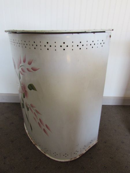 VINTAGE  METAL CLOTHES HAMPER WITH FLORAL DESIGN