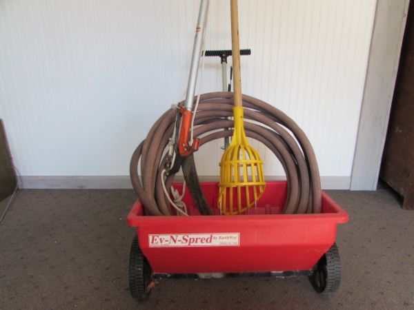 EV-N-SPRED SEED SPREDDER,  POLESAW, FRIUT PICKER,  & GARDEN HOSE