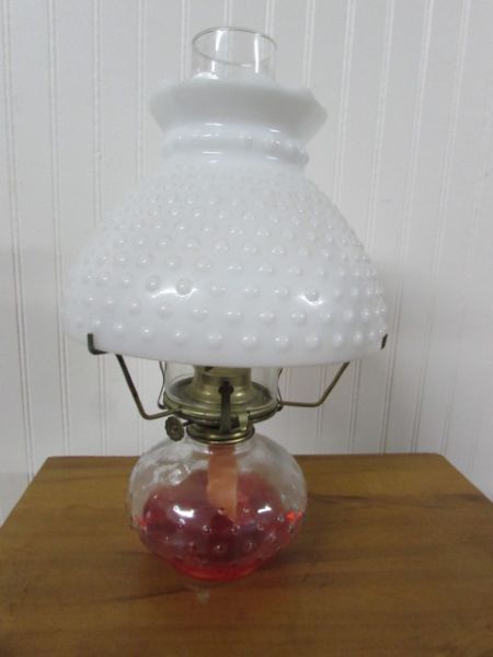 VINTAGE ALL WOOD NIGHT STAND WITH HOBNAIL OIL LAMP