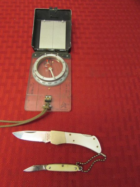 VINTAGE ULTRA LIGHT SQUIRREL KNIFE, KEY CHAIN KNIFE & A COMPASS