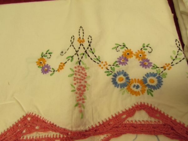 LOVELY VINTAGE LINENS - SHEET, PILLOW CASES & DRESSER SCARVES