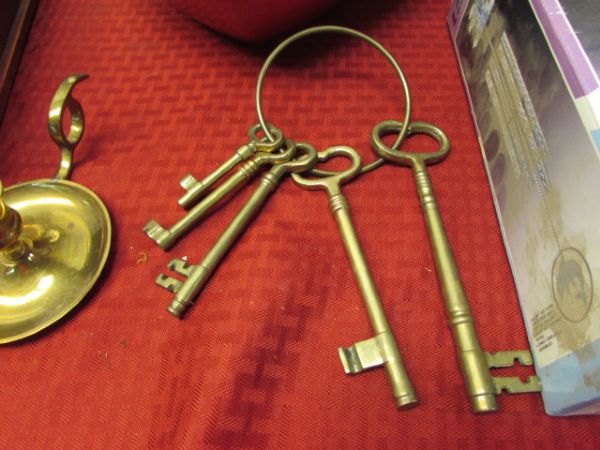 FUN VARIETY LOT WITH LARGE SOLID BRASS, KEYS, CANDLESTICK HOLDER, BUTTERFLY WIND CHIME & MORE