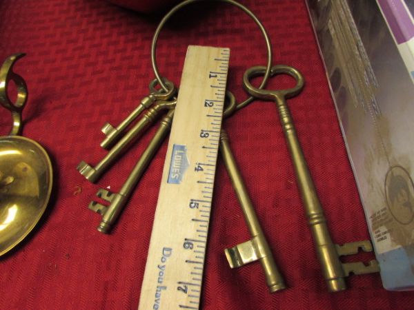 FUN VARIETY LOT WITH LARGE SOLID BRASS, KEYS, CANDLESTICK HOLDER, BUTTERFLY WIND CHIME & MORE