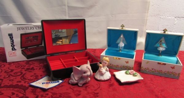 THREE NEW JEWELRY BOXES, A CERAMIC ELEPHANT, LITTLE ANGEL & DISH