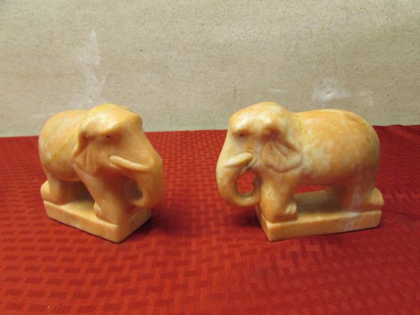 TWO MATCHING VINTAGE HAND CARVED MARBLE ELEPHANTS