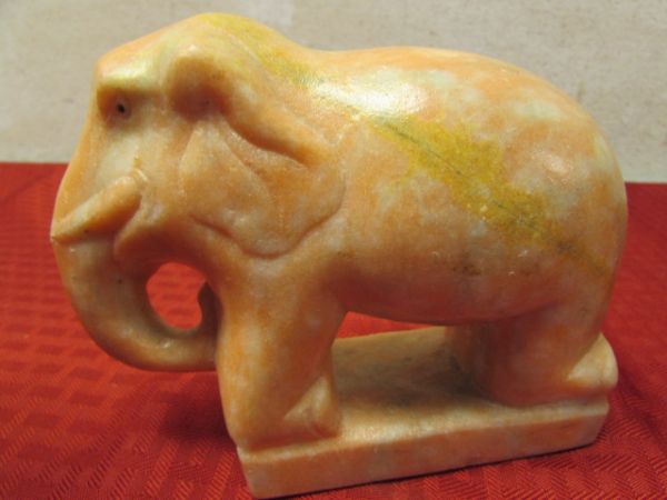 TWO MATCHING VINTAGE HAND CARVED MARBLE ELEPHANTS