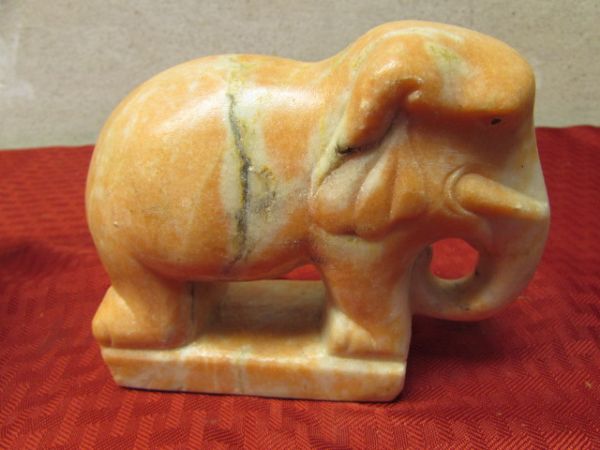 TWO MATCHING VINTAGE HAND CARVED MARBLE ELEPHANTS