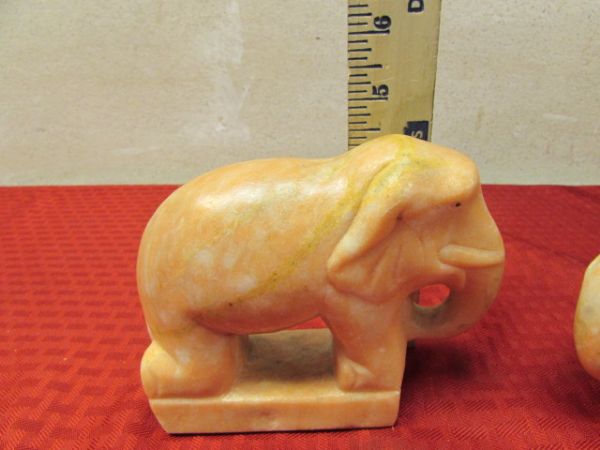 TWO MATCHING VINTAGE HAND CARVED MARBLE ELEPHANTS