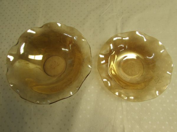 TWO ELEGANT VINTAGE JEANETTE FLORAGOLD  LOUISA  DEPRESSION GLASS SERVING BOWLS