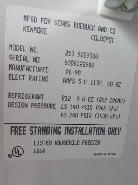 KENMORE COLDSPOT 19.3 CUBIC FT FREEZER