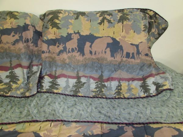 RUSTIC MOUNTAIN LODGE MOTIF, KING SIZE COMFORTER, SHAMS & BED SKIRT