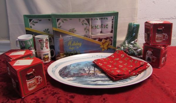 VERY MERRY ENTERTAINING!  2 NEVER USED HOLIDAY BUFFET SETS, PLATTER, HOLIDAY MUGS & MORE