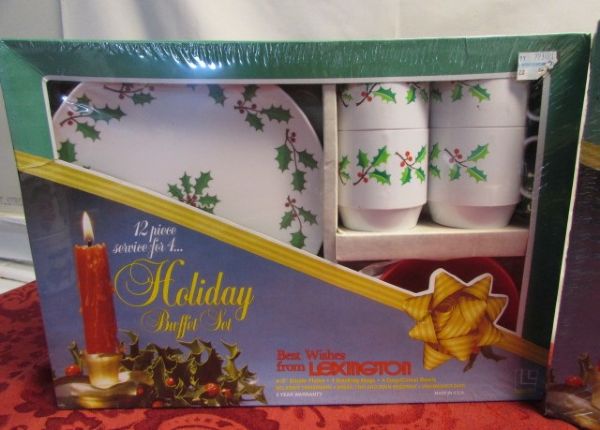 VERY MERRY ENTERTAINING!  2 NEVER USED HOLIDAY BUFFET SETS, PLATTER, HOLIDAY MUGS & MORE