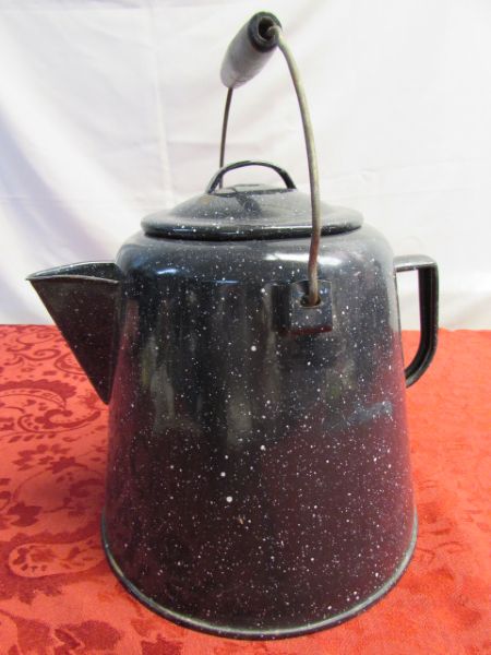 Large Vintage Enamel Ware White Black Handle Cowboy Coffee Pot Kettle  Enamelware