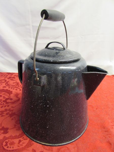 COWBOY COFFEE POT!  VINTAGE OVERSIZED ENAMEL WARE COFFEE POT/KETTLE