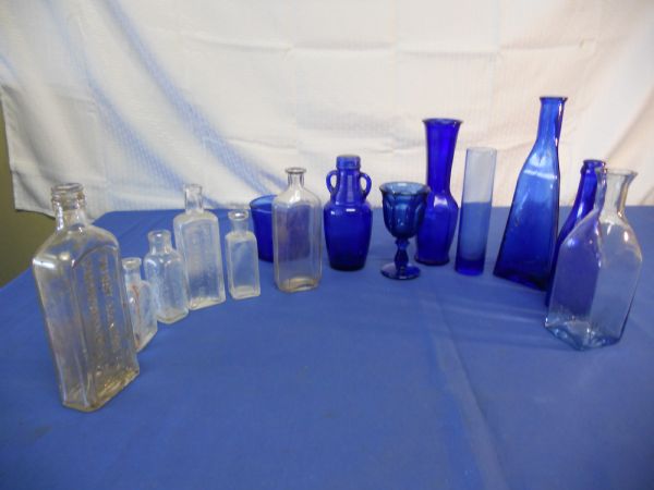 BEAUTIFUL BLUE GLASS & MEDICINE BOTTLES