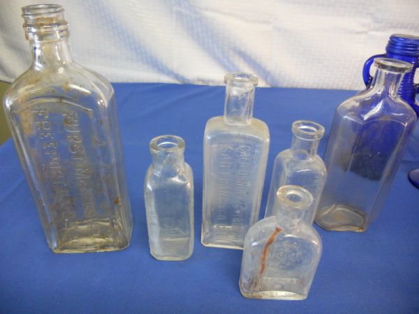 BEAUTIFUL BLUE GLASS & MEDICINE BOTTLES