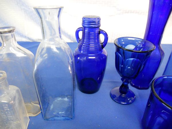 BEAUTIFUL BLUE GLASS & MEDICINE BOTTLES