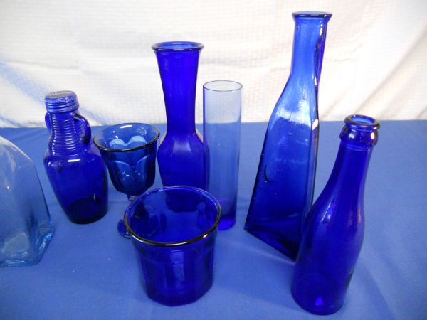 BEAUTIFUL BLUE GLASS & MEDICINE BOTTLES