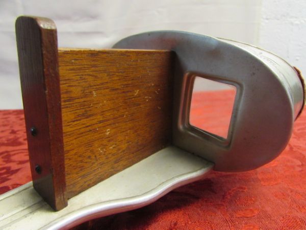 BEFORE THERE WAS TV. . . . ANTIQUE PERFECSCOPE STEREOSCOPE WITH TWO PHOTO CARDS 