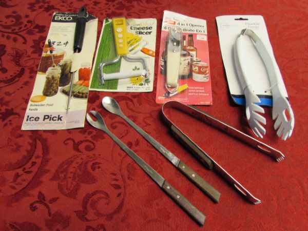 SIMPLY A TON OF GREAT KITCHEN UTENSILS!  KNIVES, SPATULAS, SPOONS, RETRO EGG BEATER & SO MUCH MORE!
