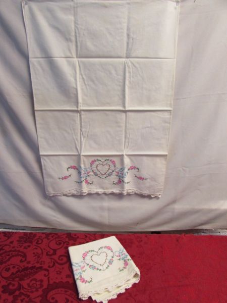 HAND EMBROIDERED VINTAGE PILLOW CASES, TABLE CLOTH & RUNNER, PLUSH THROW BLANKETS, FLORAL SHEET SET & MORE