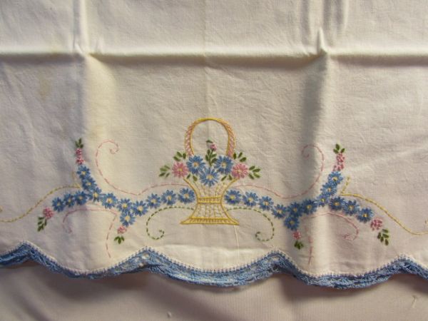 HAND EMBROIDERED VINTAGE PILLOW CASES, TABLE CLOTH & RUNNER, PLUSH THROW BLANKETS, FLORAL SHEET SET & MORE