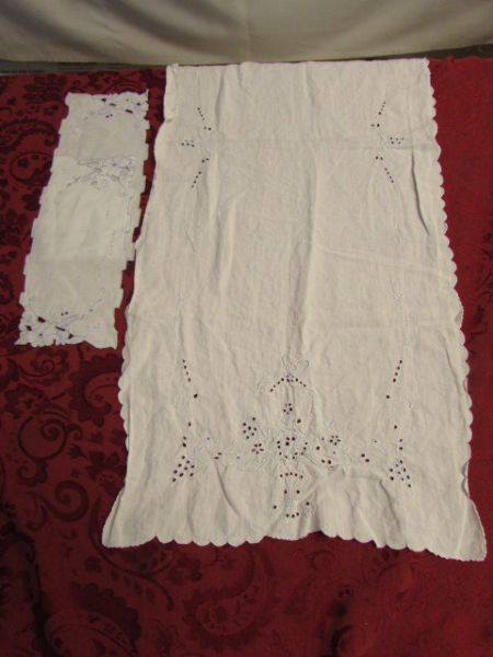 HAND EMBROIDERED VINTAGE PILLOW CASES, TABLE CLOTH & RUNNER, PLUSH THROW BLANKETS, FLORAL SHEET SET & MORE