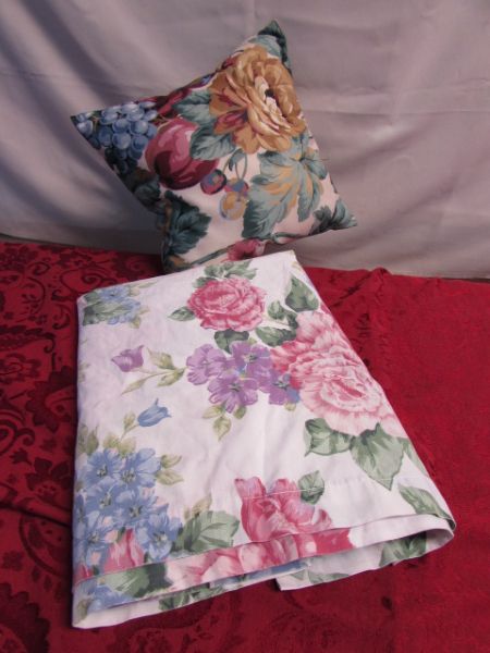 HAND EMBROIDERED VINTAGE PILLOW CASES, TABLE CLOTH & RUNNER, PLUSH THROW BLANKETS, FLORAL SHEET SET & MORE