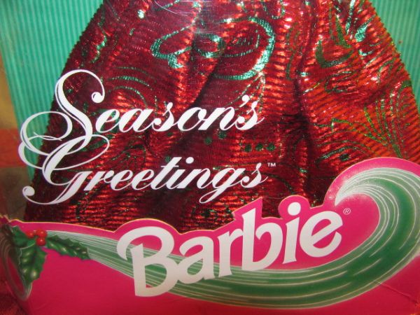 1994 LIMITED EDITION SEASONS GREETINGS BARBIE WEARING A PRETTY GREEN & RED GOWN