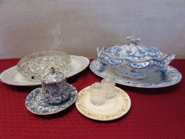 ANTIQUE SOUP TUREEN, SERVING PLATTERS, SUGAR BOWL & MORE