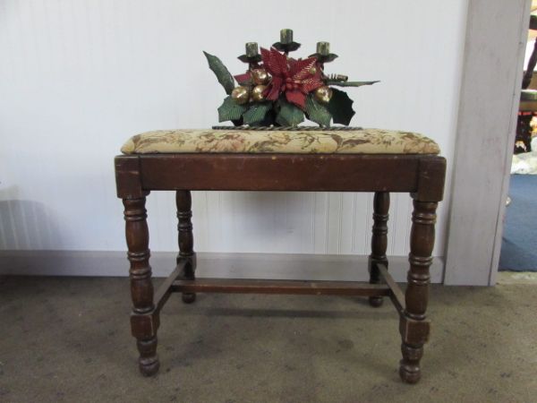 ANTIQUE BENCH & CANDLEABRA